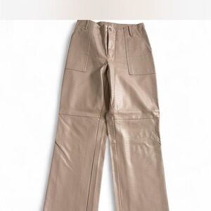 Elegant Beige Faux Leather Straight Leg Women's Pants